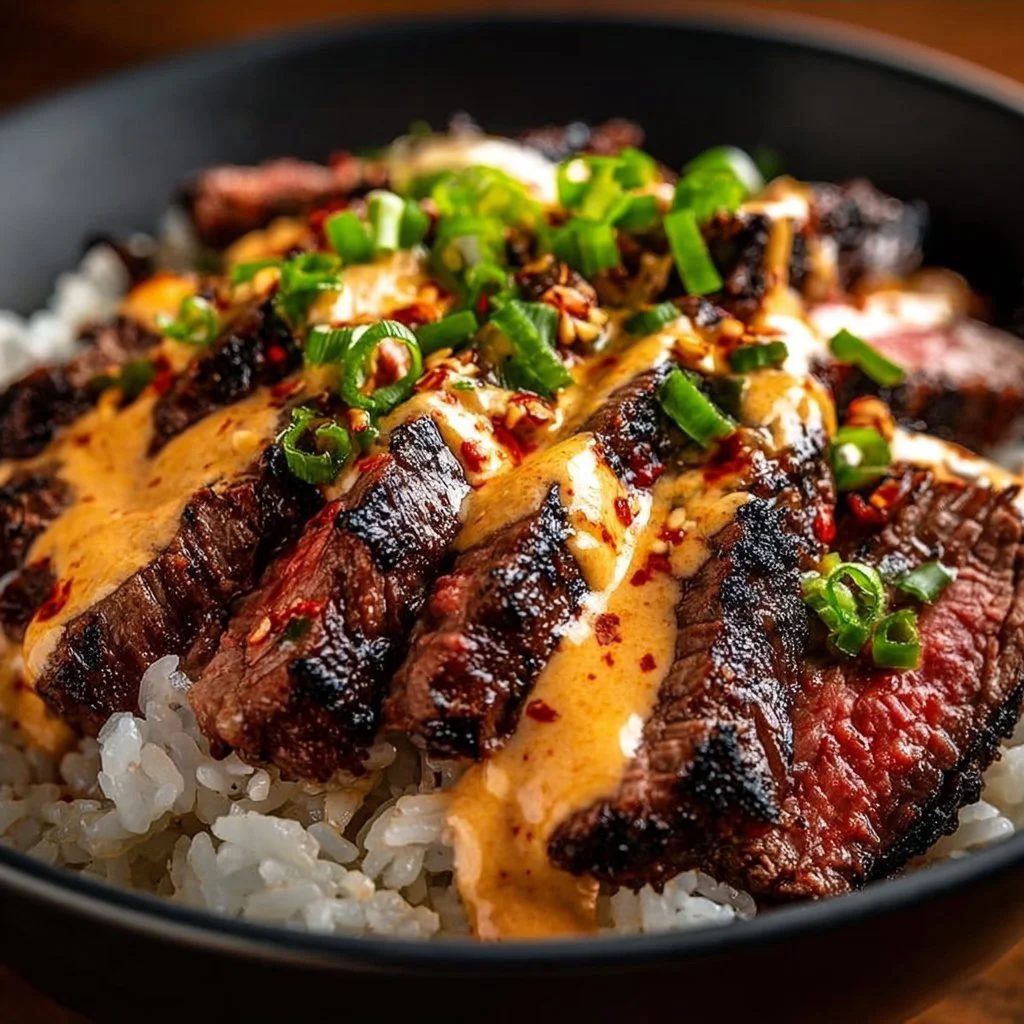Korean BBQ steak rice bowl with marinated beef and colorful vegetables