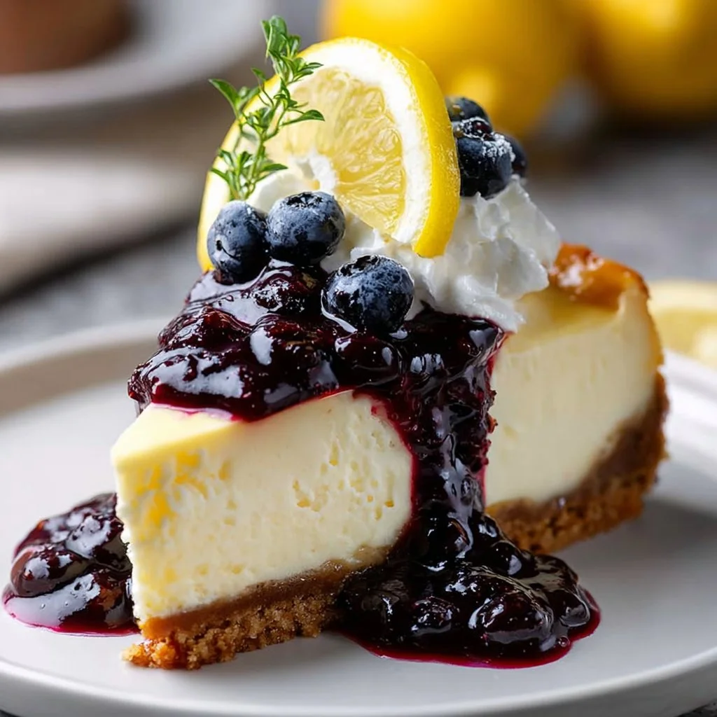 Slice of lemon wild blueberry cheesecake with blueberries on top