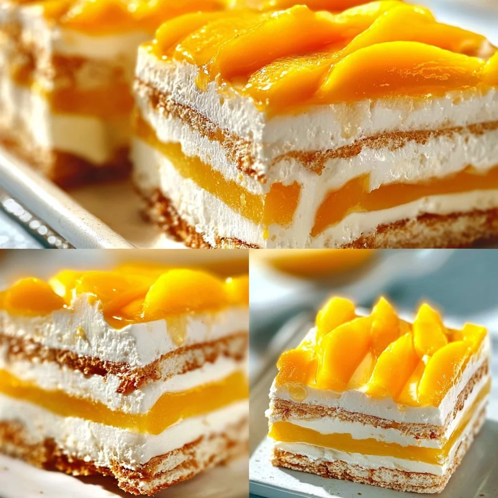 Slice of Mango Graham Cake topped with fresh mango and whipped cream