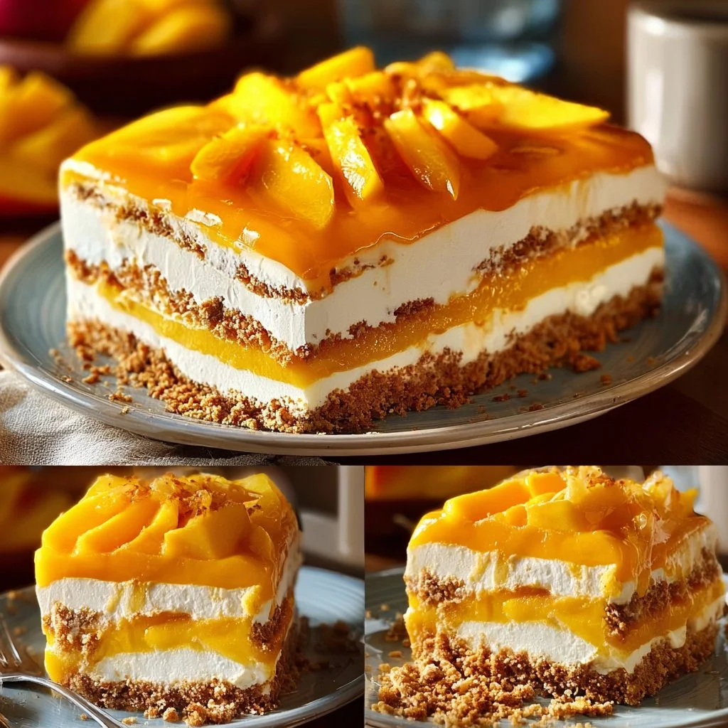 Delicious no-bake Mango Grahams dessert layered with cream and fresh mango.