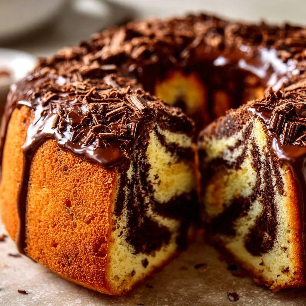 Slice of marble pound cake with chocolate and vanilla swirls