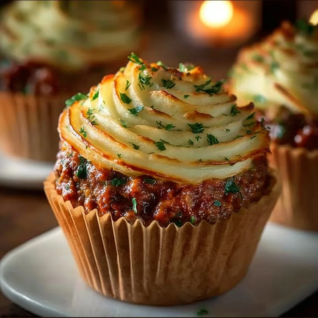 Meatloaf cupcakes topped with fluffy whipped potato, served on a plate.