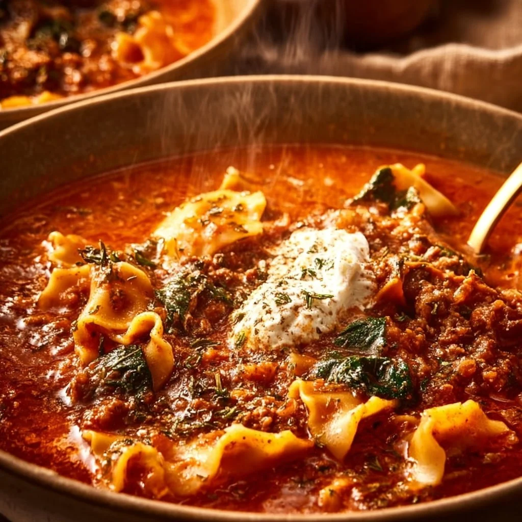 Delicious one pot lasagna soup served in a bowl