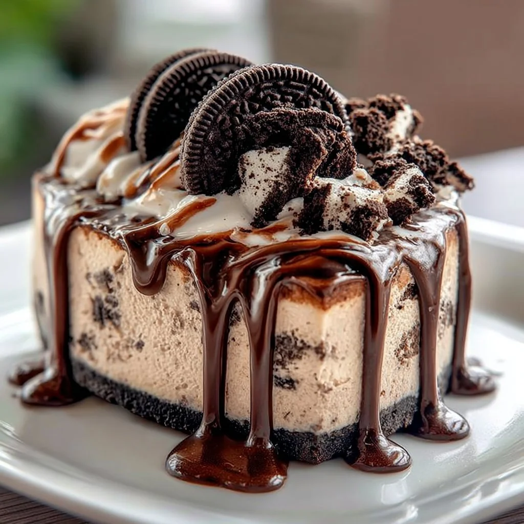 Delicious no-bake Oreo cheesecake topped with rich chocolate frosting