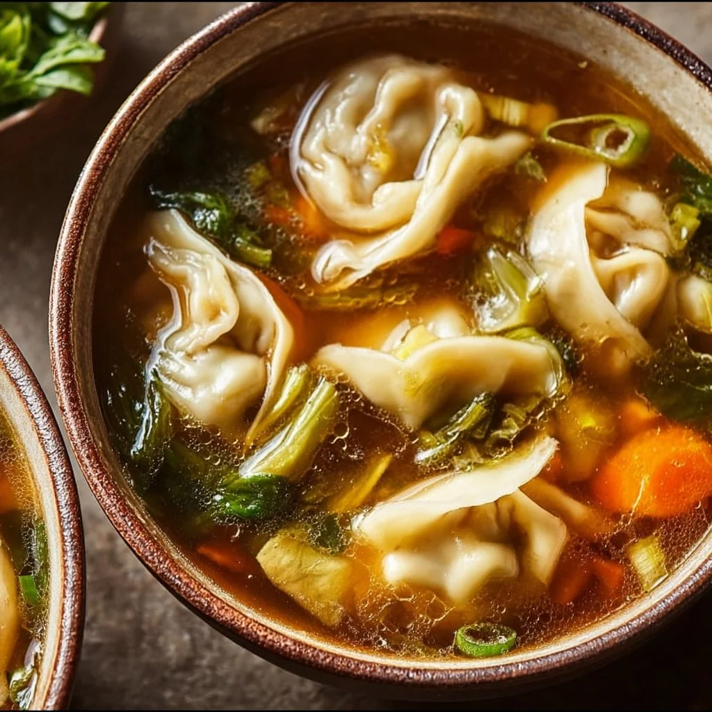 Bowl of homemade Potsticker Soup with dumplings and green onions