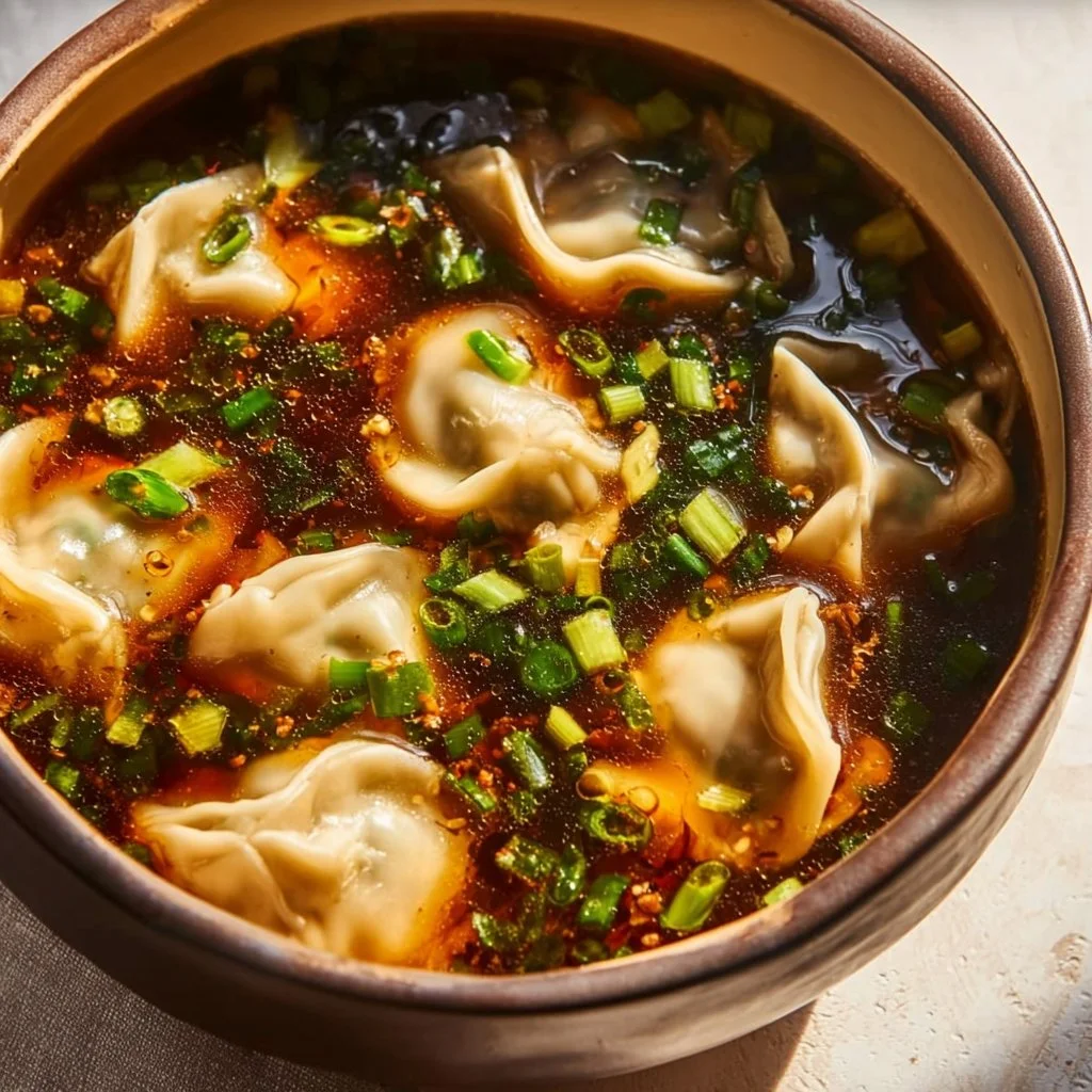 A bowl of steaming potsticker soup garnished with fresh herbs.