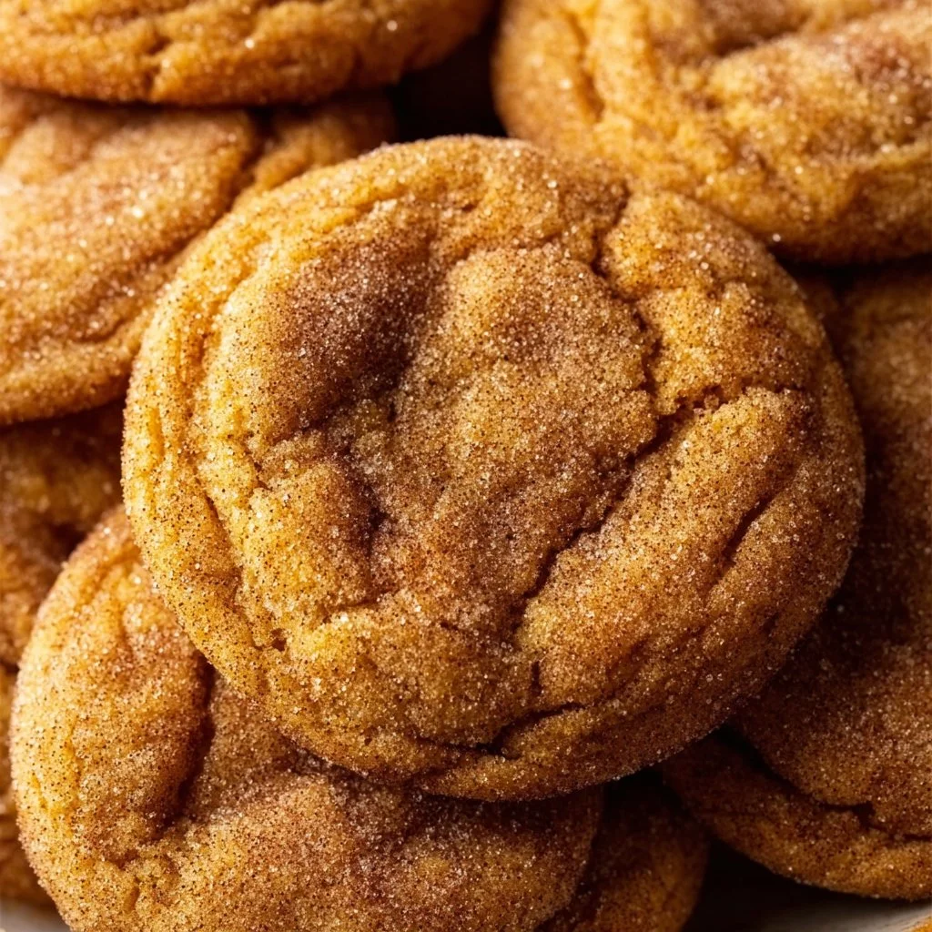 Pumpkin Snickerdoodle Cookies with cinnamon sugar topping on a wooden plate