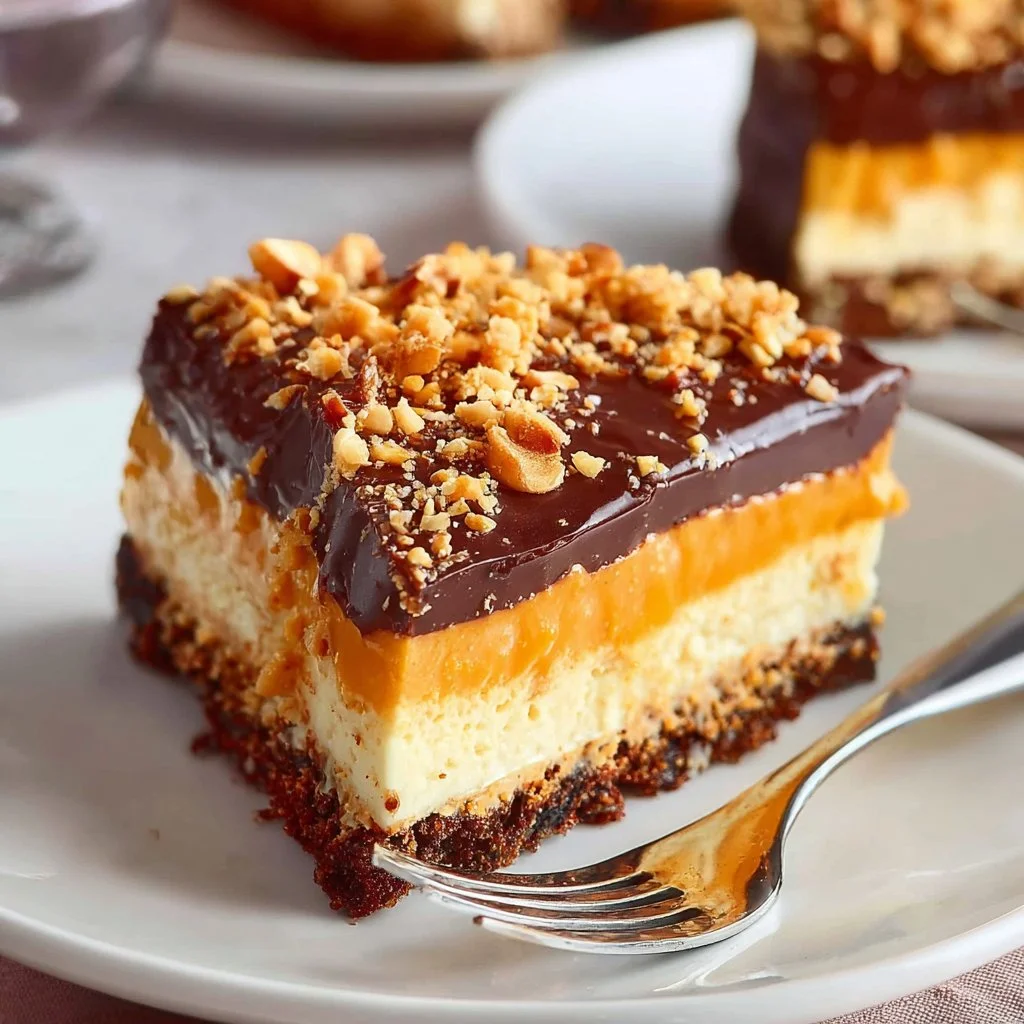 Decadent Samoa Cheesecake topped with coconut and chocolate drizzle