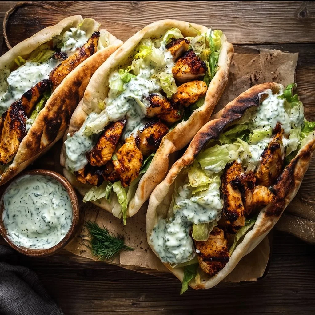 Sheet pan chicken pitas topped with herby ranch dressing and fresh vegetables