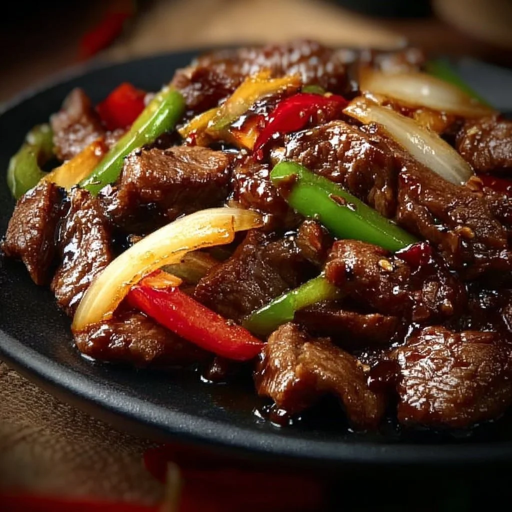 Sizzling Chinese pepper steak with onions served on a plate