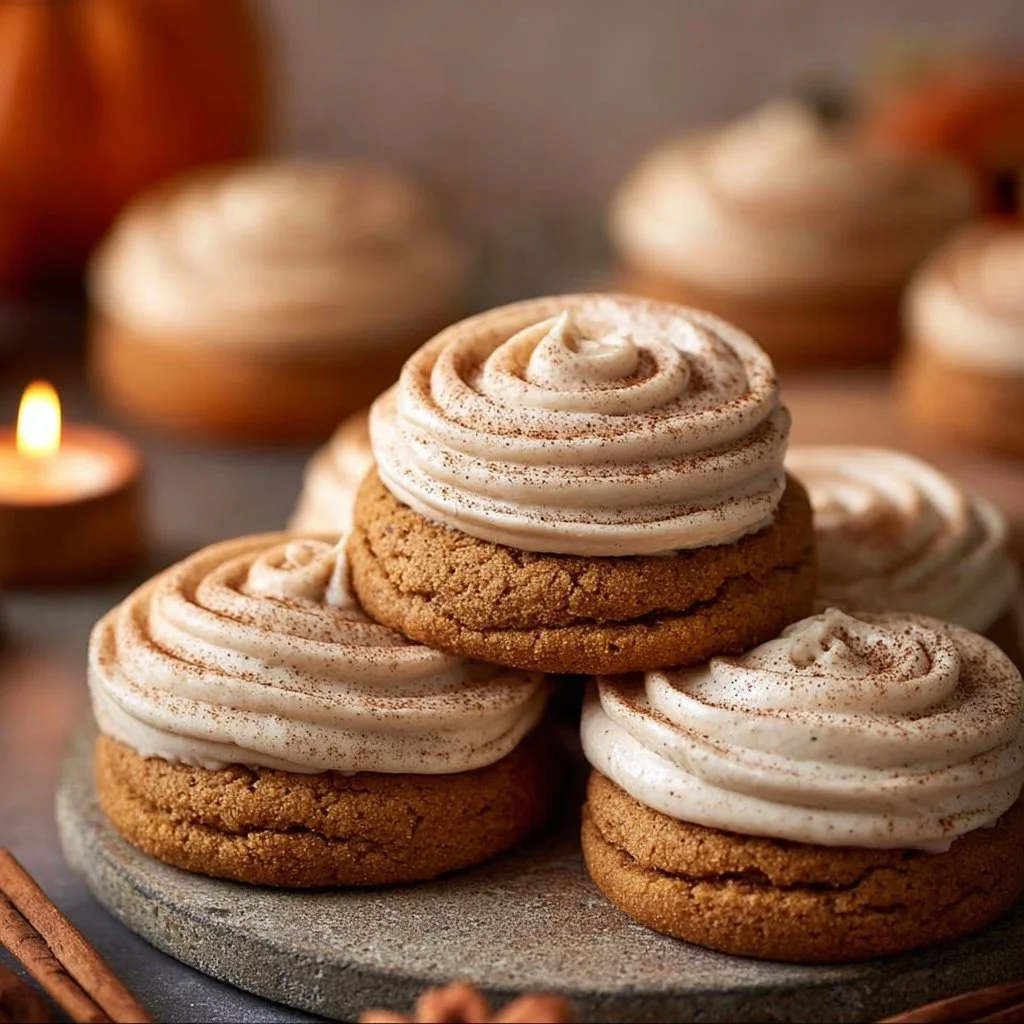 Soft pumpkin cookies with creamy cream cheese frosting on a plate.