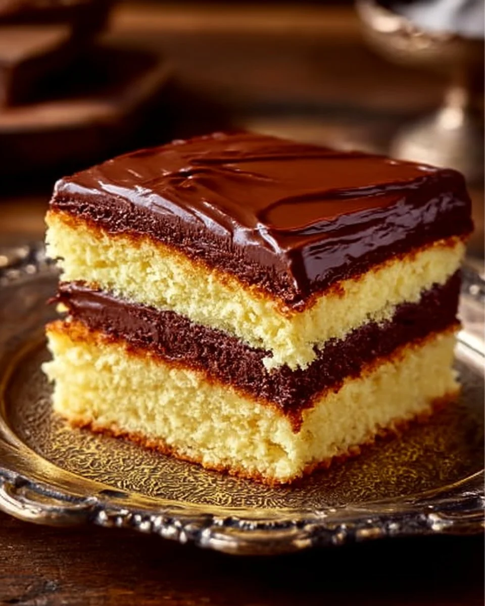 Deliciously soft yellow cake with frosting on a decorative plate