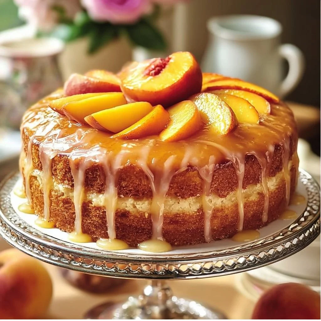 Slice of Southern Peach Buttermilk Pound Cake with fresh peaches and buttermilk