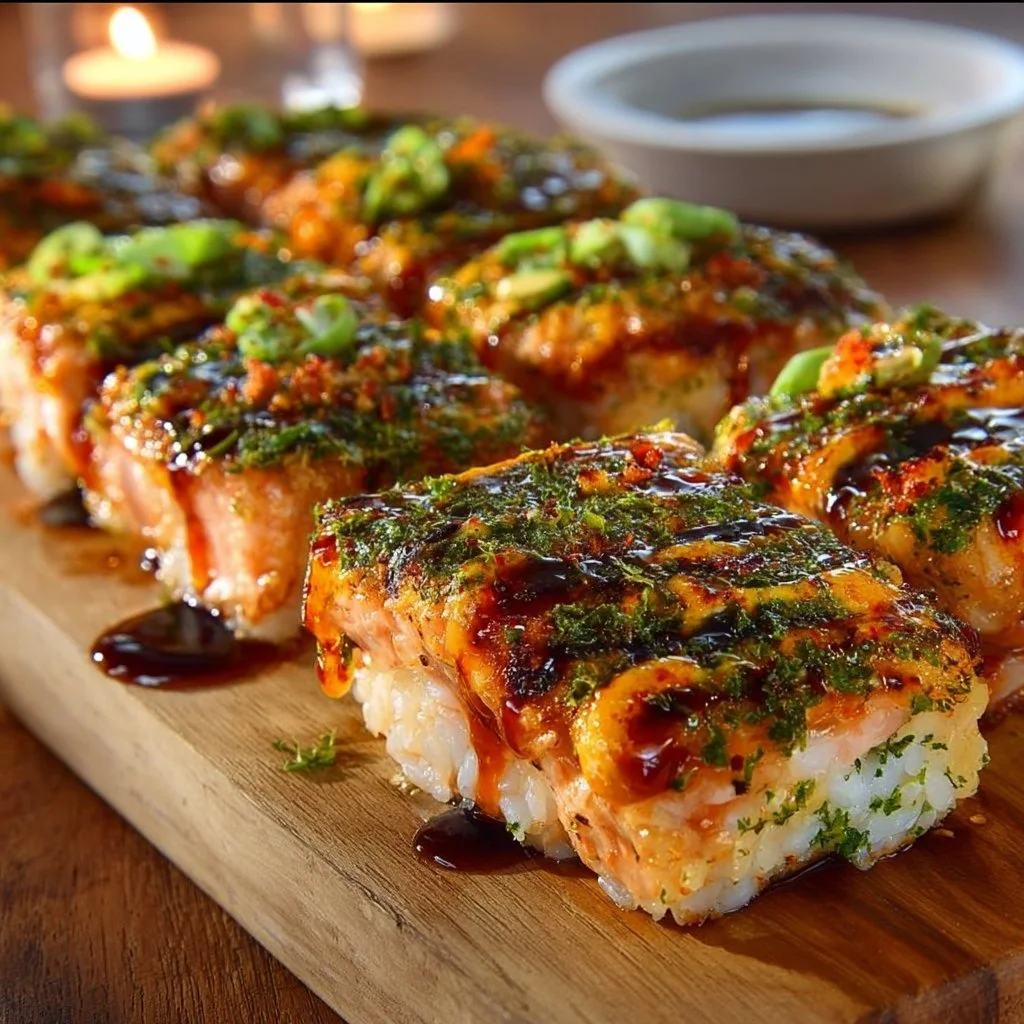 Delicious Spicy Salmon Sushi Bake topped with creamy sauce and scallions