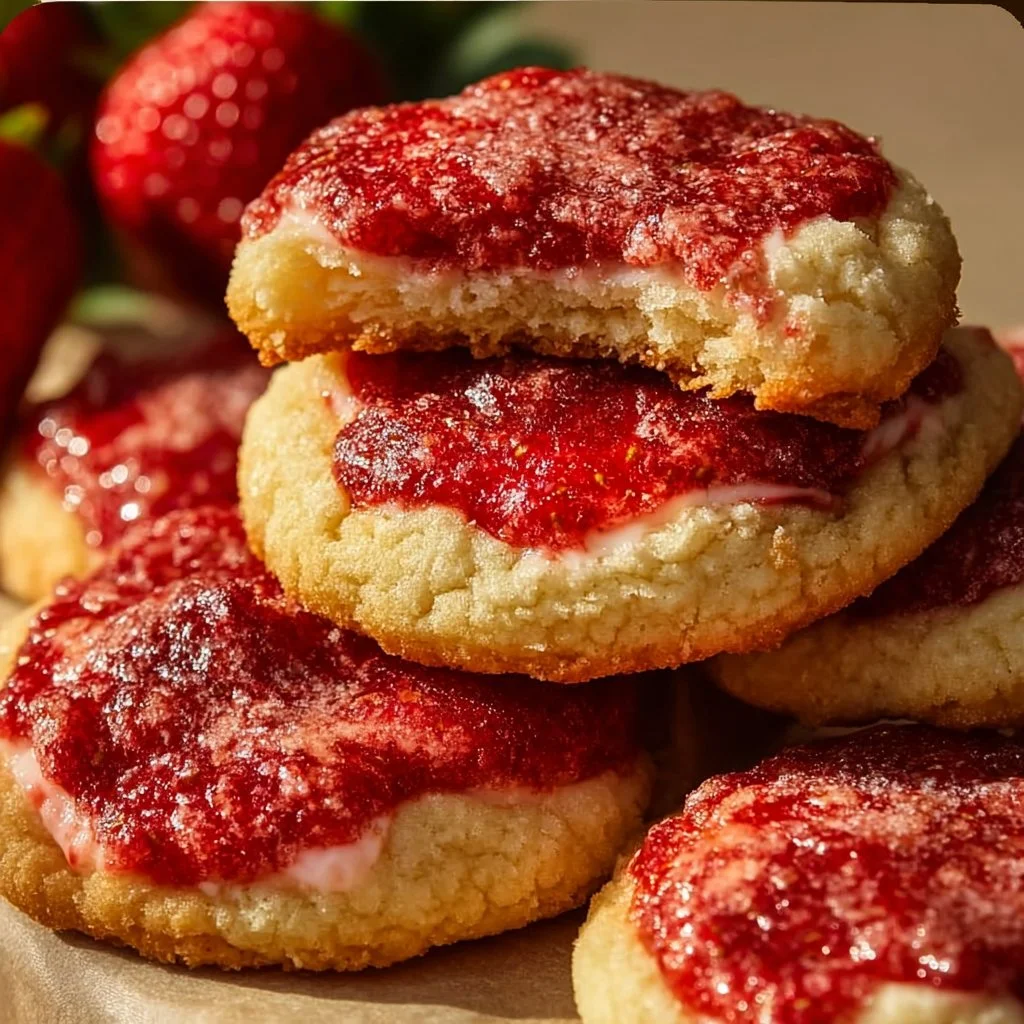 Freshly baked strawberry cheesecake cookies topped with fruity strawberries
