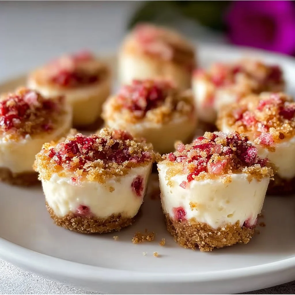 Delicious strawberry crunch cheesecake bites garnished with fresh strawberries