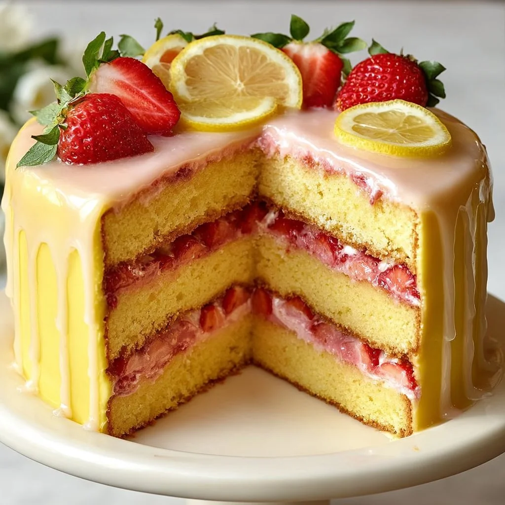 Delicious strawberry lemonade layer cake with fresh strawberries and lemon icing