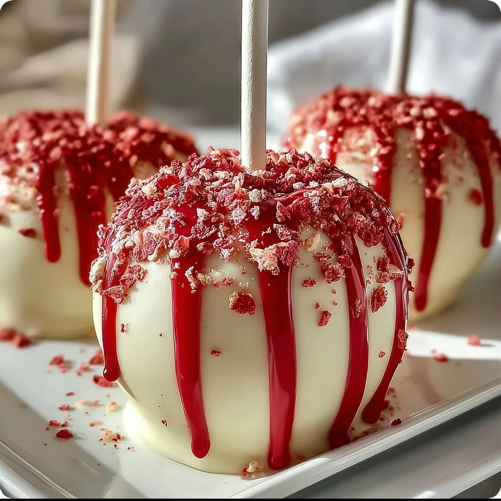 Strawberry Shortcake Candy Apples with colorful toppings and drizzles