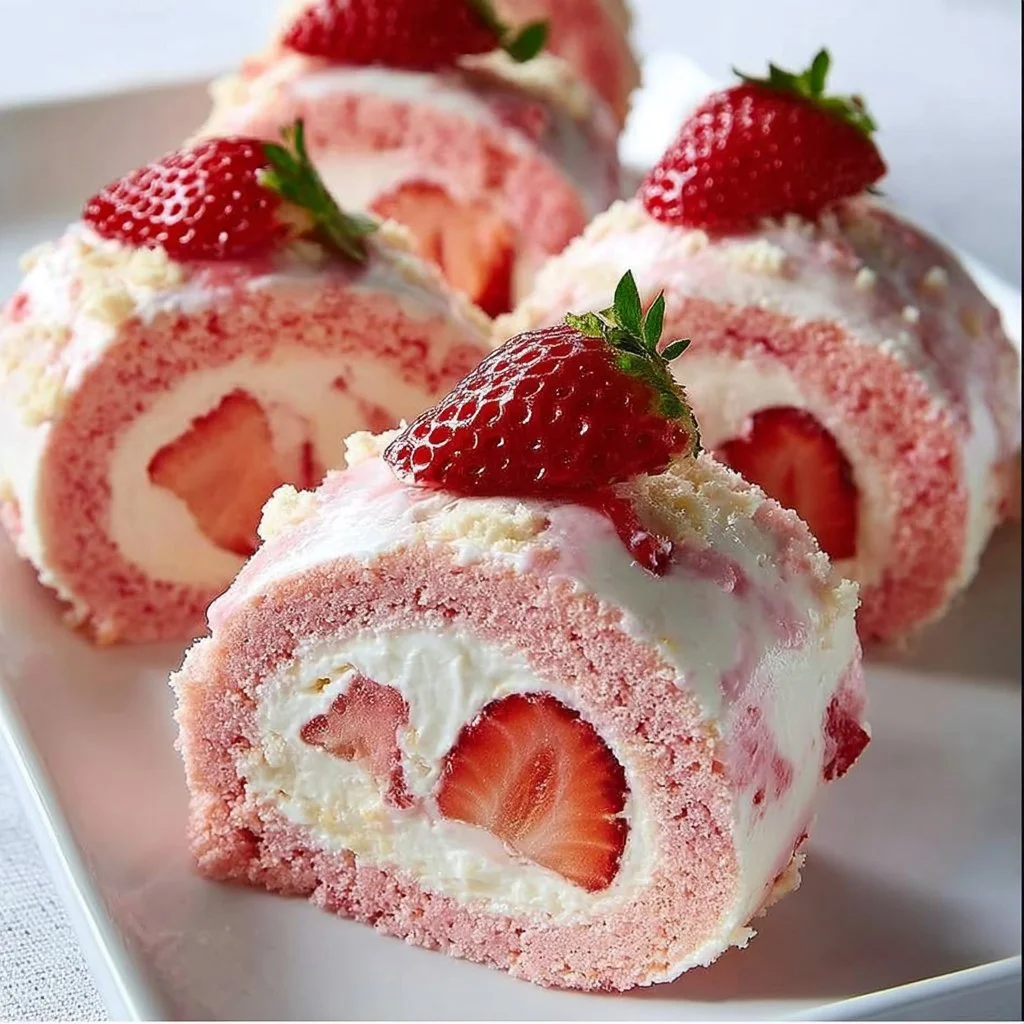 Strawberry Shortcake Cheesecake Rolls with fresh strawberries and creamy filling