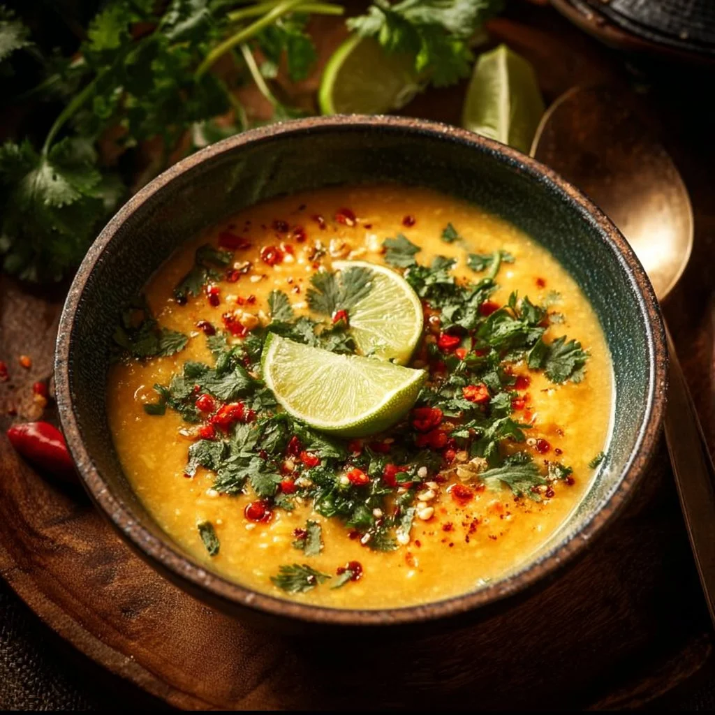 Bowl of Thai Coconut Red Lentil Soup with fresh ingredients and vibrant colors.