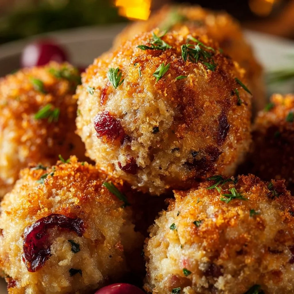 Delicious Thanksgiving stuffing balls ready to be served on a festive table.