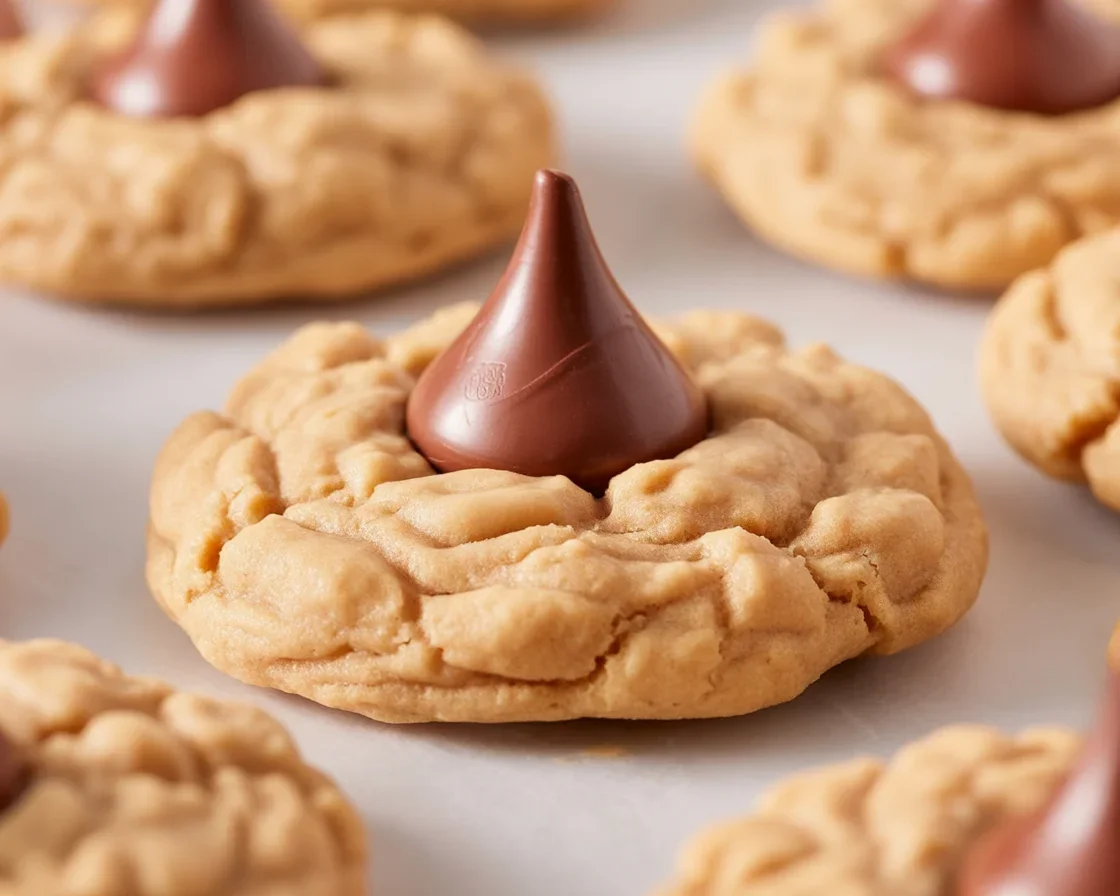 Delicious Peanut Butter Blossoms cookies topped with chocolate kisses on a plate.