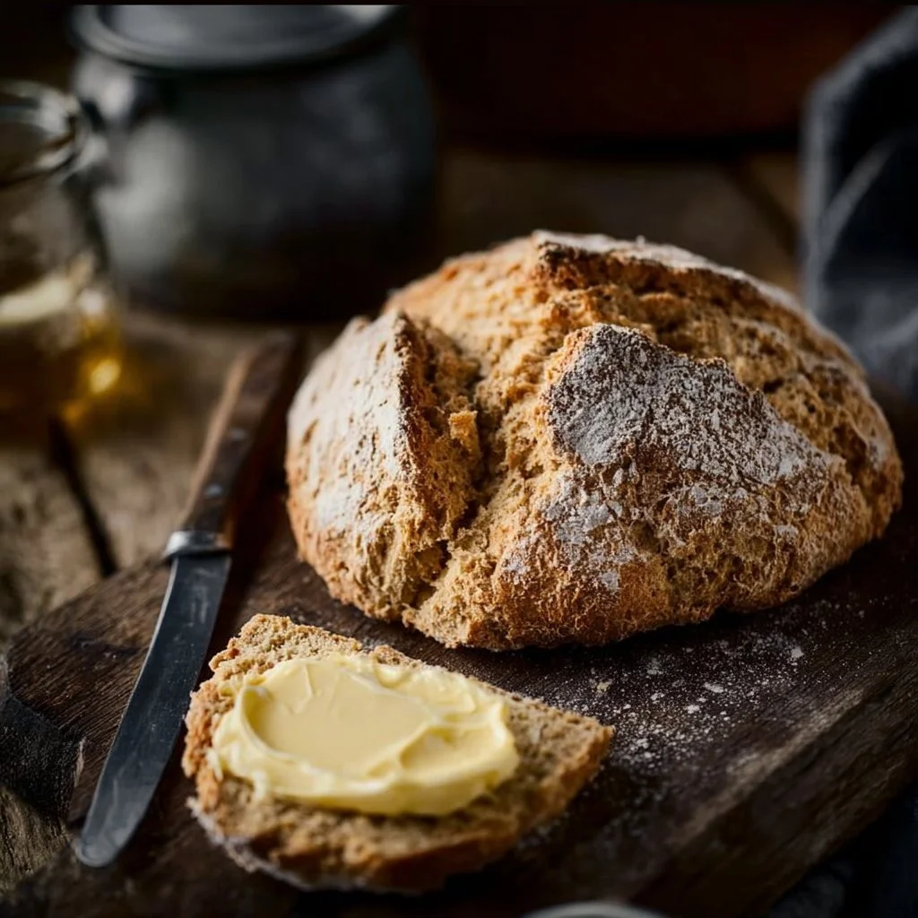 Freshly baked Traditional Irish Soda Bread on a rustic wooden table