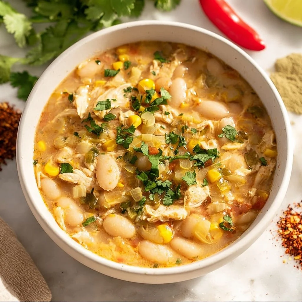 Bowl of white bean chicken chili with fresh herbs and toppings