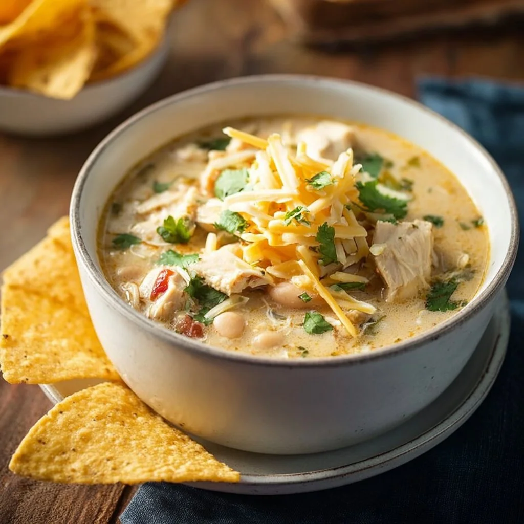 Bowl of delicious white chicken chili topped with cilantro and sour cream
