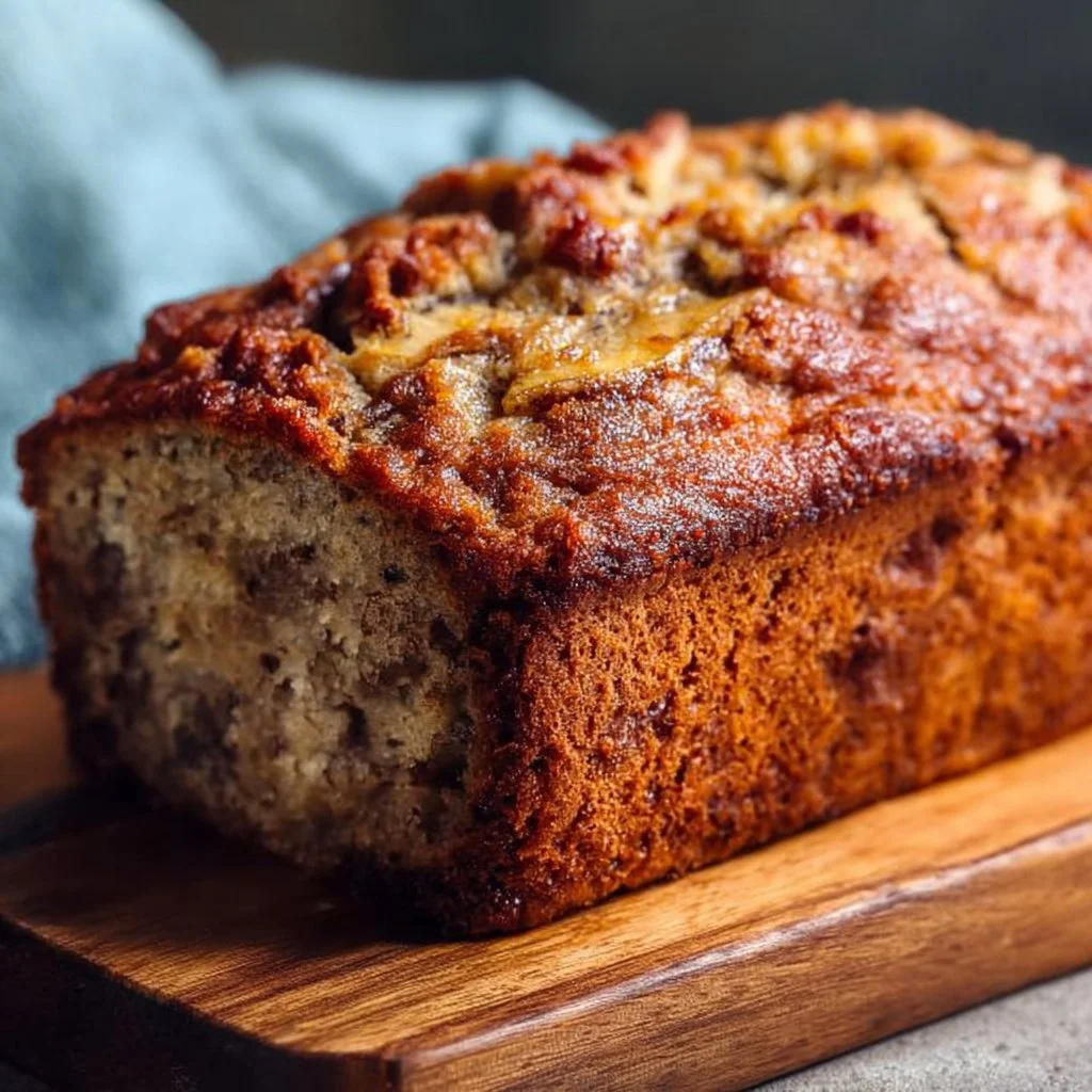 Delicious slice of the world's best banana bread on a wooden table
