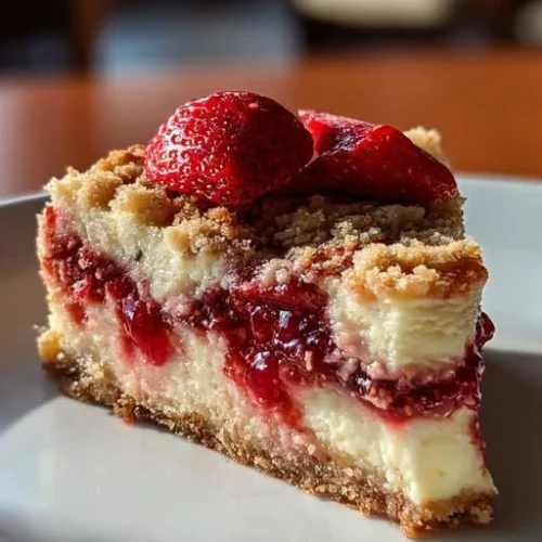 Strawberry Swirl Cheesecake with Crumb Topping.