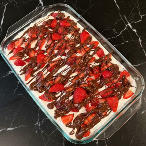Chocolate Covered Strawberry Poke Cake