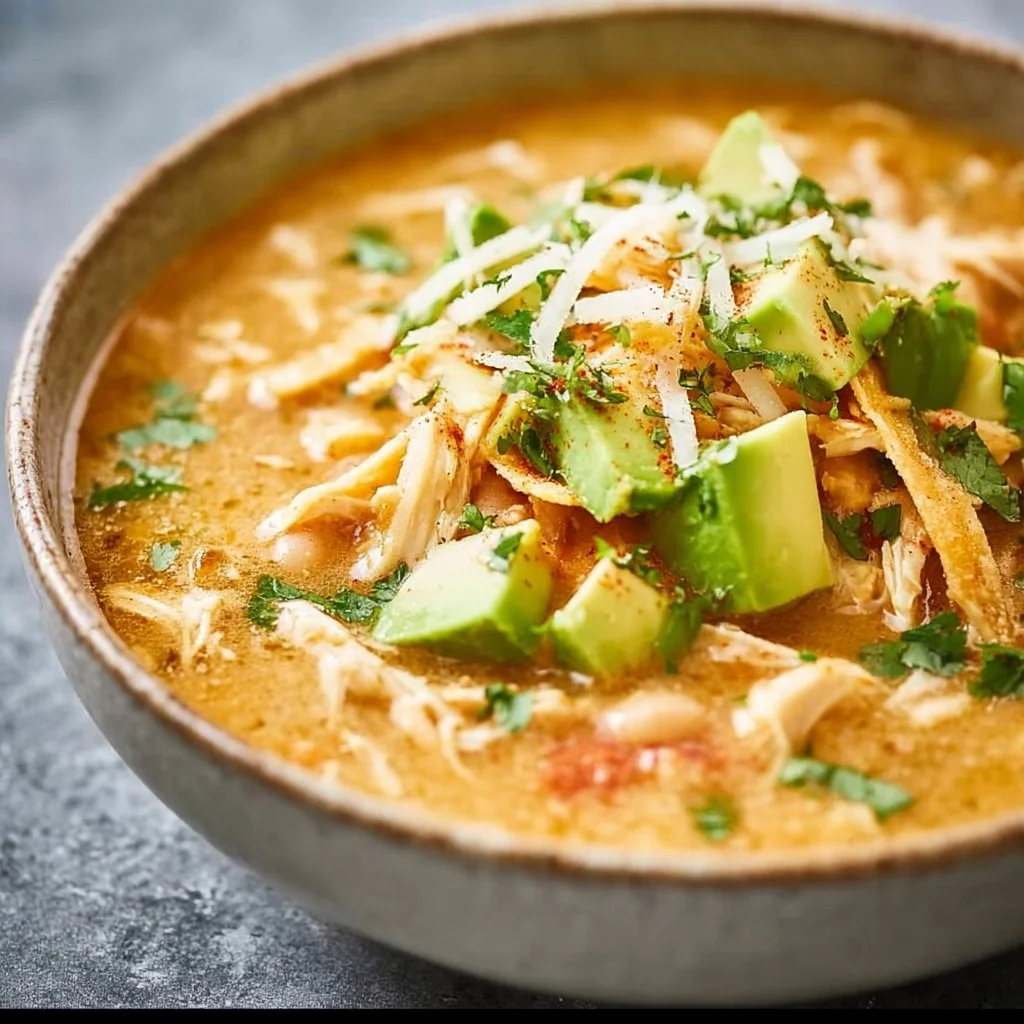Bowl of award winning white chicken chili topped with cilantro and sour cream