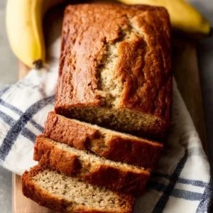 Freshly baked banana bread with slices and bananas beside it.