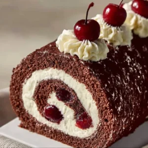 Black Forest Cream Roll Cake with cherries and chocolate decoration