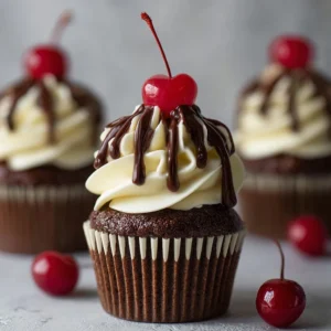 Delicious Black Forest Cupcakes topped with chocolate and cherries