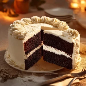 A slice of rich Black Velvet Cake with cream cheese frosting on a white plate.