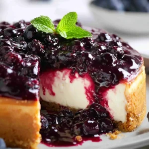 Delicious slice of blueberry cheesecake topped with fresh blueberries
