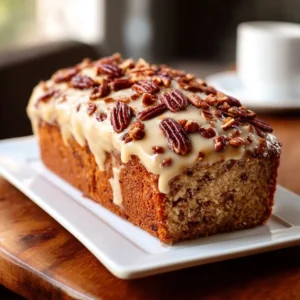 Butter Pecan Loaf with Cream Cheese Icing served on a platter
