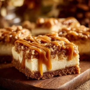 Delicious caramel apple cheesecake bars with a caramel drizzle on top.