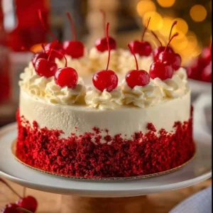 Delicious cherry cake with cherry cream cheese frosting on a plate