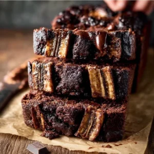Sliced Chocolate Espresso Banana Bread on a wooden board.