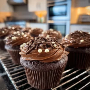 Decadent chocolate fudge cupcakes topped with creamy chocolate frosting.