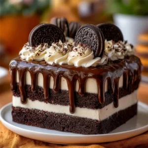 Chocolate fudge layered bliss dessert with rich chocolate and creamy layers