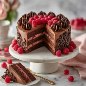 Delicious Chocolate Raspberry Mousse Cake topped with fresh raspberries