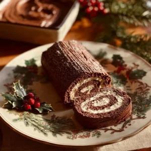 Delicious homemade Chocolate Yule Log dessert topped with chocolate ganache.