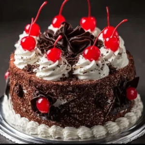 Delicious slice of classic Black Forest Cake with cherries and whipped cream