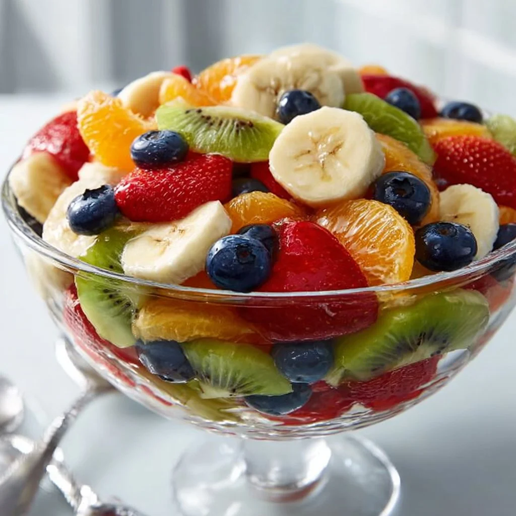 Colorful Trifle Fruit Salad with layers of fresh fruit and whipped cream