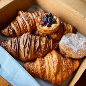 Golden flaky croissants fresh out of the oven