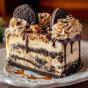 Delicious Crunchy Peanut Butter Oreo Chocolate Delight Cake on a plate